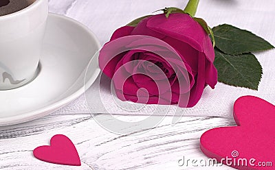 Red rose and heart shape on white wood background, valentine`s day concept, love symbol Stock Photo