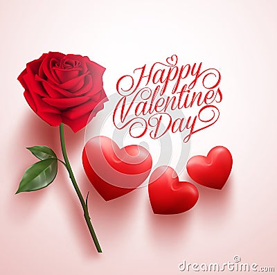 Red Rose and Hearts with Happy Valentines Day Message Vector Illustration