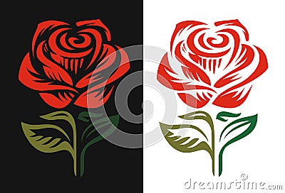 Red rose logo emblem on black and white background. Vector Illustration