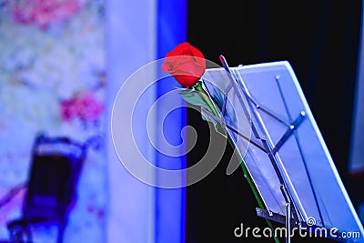 Red rose on music notes stand Stock Photo