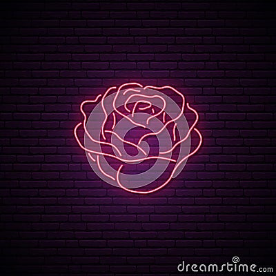Red Rose neon sign. Light flower on brick wall background. Vector Illustration