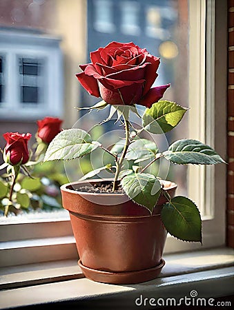 red rose in plant pot on window sill in urban setting Stock Photo