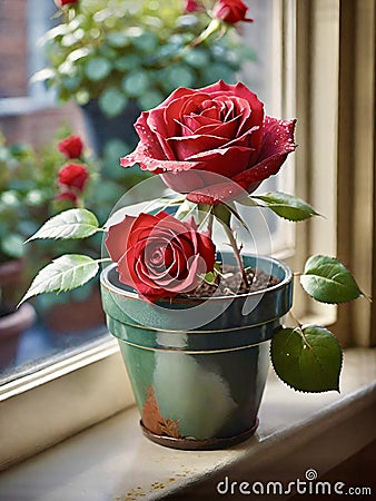 red rose in plant pot on window sill in urban setting Stock Photo