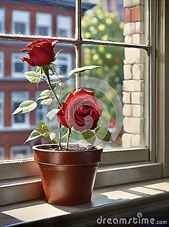 red rose in plant pot on window sill in urban setting Stock Photo