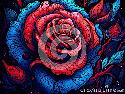 A red rose psychedelic style art.Generative AI Stock Photo