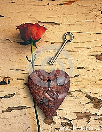 Rusted love Golden key Stock Photo