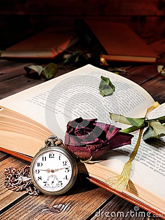Red rose wilted through the pages of an old book yellowed by tim Stock Photo