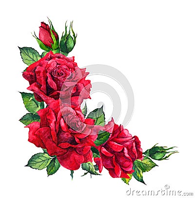 Red roses - corner floral composition. Watercolor for wedding card Stock Photo
