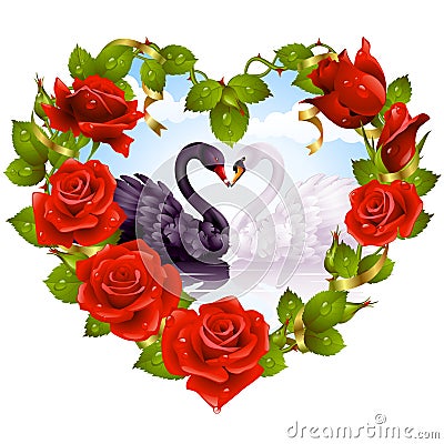 Red Roses and couple Swans Vector Illustration