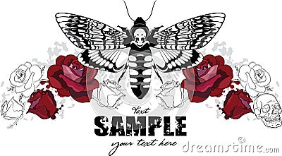 Red roses design with Dead head moth Cartoon Illustration