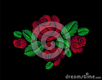 Red roses embroidery fashion hand drawn illustration flower Cartoon Illustration