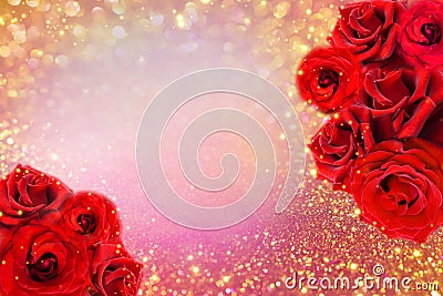 Red roses flower border on soft gold glitter background for valentine or invitation wedding card Stock Photo