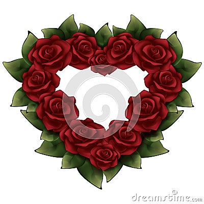 Red roses with green leaves in the shape of heart illustration Vector Illustration