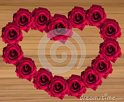 Red Roses in Heart Shape on wooden background Stock Photo