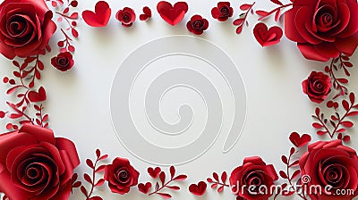 Red Roses and Hearts on White Background, Simple and Elegant Romantic Decor Stock Photo