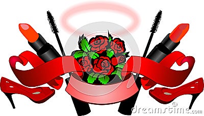 Red Roses, High Heels, Lipstick, Mascara, Scroll And Nimbus - Womans Essence. Vector Illustration