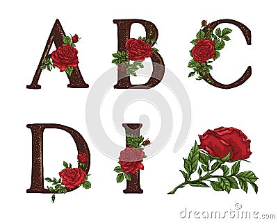 Red Roses letters. Hand draw. Vector alphabet Stock Photo