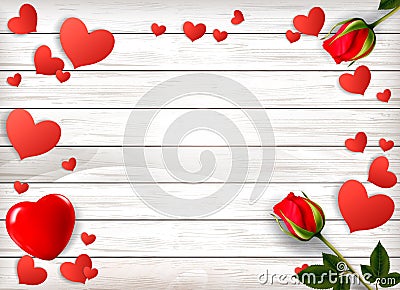 Red roses and paper hearts on a wooden sign. Vector Illustration