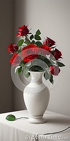 Red roses vase on white table light background Stock Photo