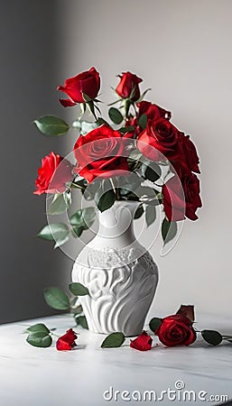 Red roses vase on white table light background Stock Photo