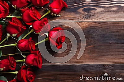 Red roses wooden plank. Generate Ai Stock Photo