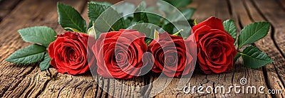 Red Roses on Wooden Surface Stock Photo