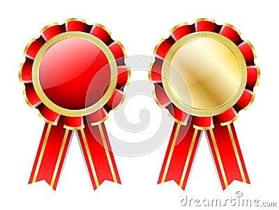 Red rosette, badge with gold border, ribbon and golden laurel wreath isolated on white Vector Illustration