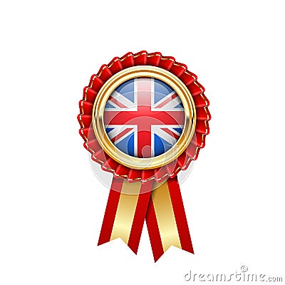 Red rosette with Great Britain flag in gold badge, Britain award Vector Illustration