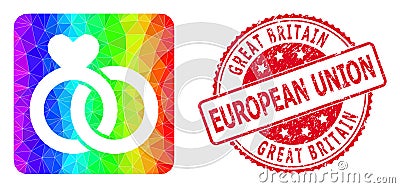 Round Scratched Great Britain European Union Seal Imprint With Vector Polygonal Wedding Rings Icon with Spectral Colored Vector Illustration