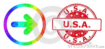 Round Textured U.S.A. Seal Imprint with Vector Lowpoly Right Pointer Icon with Spectrum Gradient Vector Illustration