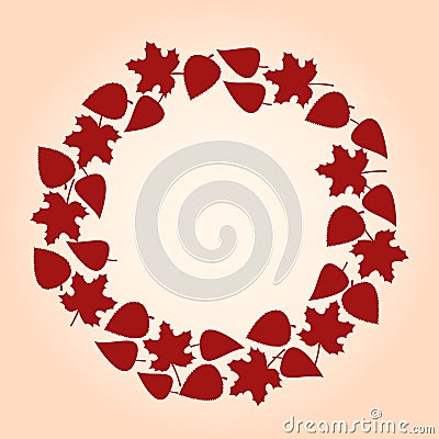 Red round frame and background of autumn leaves. Vector illustration Cartoon Illustration