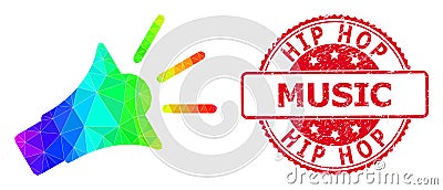 Round Distress Hip Hop Music Stamp With Vector Lowpoly Sound Speaker Icon with Spectral Colored Gradient Vector Illustration