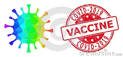 Round Textured Covid-2019 Vaccine Seal Imprint With Vector Polygonal Coronavirus Icon with Rainbow Gradient Vector Illustration