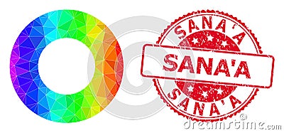 Round Textured Sana'A Stamp Seal with Vector Triangle Filled Donut Icon with Spectrum Gradient Cartoon Illustration
