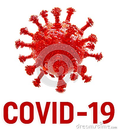 Red round virus cell dangerous Chinese pathogen respiratory flu coronavirus COVID-19 with drops of blood on white background. Crea Stock Photo