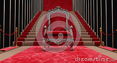 Red royal throne with stair on the background, empty throne in palace hall with barrieres Stock Photo