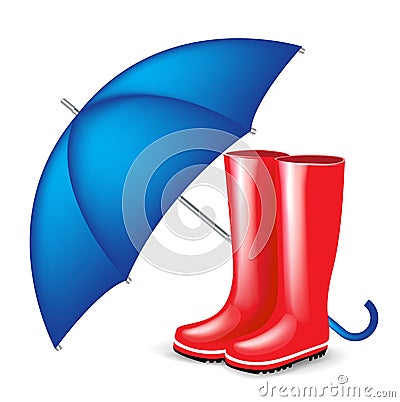 Red rubber boots with blue umbrella Vector Illustration