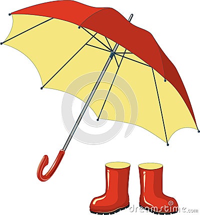 Red rubber boots, umbrella Vector Illustration