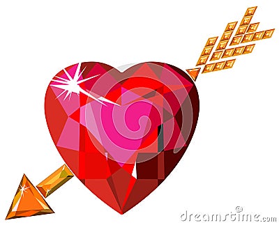 Red ruby heart struck by Cupid arrow Vector Illustration