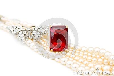 Red ruby ring and pearls Stock Photo