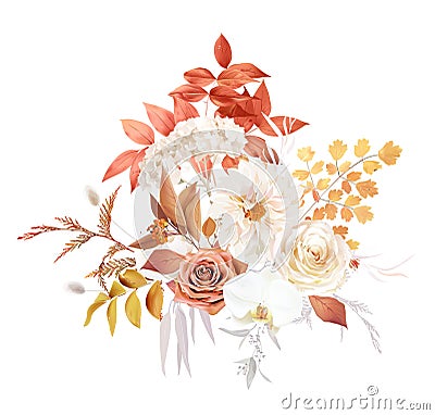 Red, rust, beige, white flowers, brown rose,white dahlia, orchid, hydrangea flower, fall grass, fern, dried leaves Vector Illustration