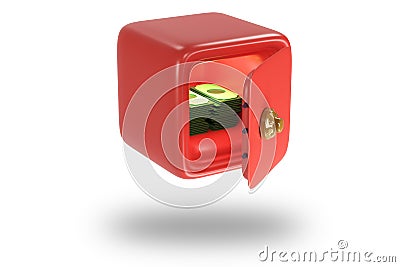 Red safe with money and dollars. Icons of safe for bank. Vault with lock. Protection, security concept. 3D render Stock Photo