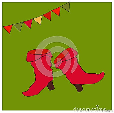 Red saffian boots. Card with objects of the national Russian costume. Shoes with heels. Symbols of the holiday Vector Illustration