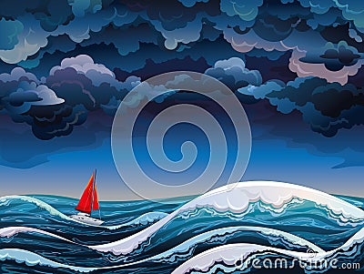 Red sailboat and stormy sky Stock Photo