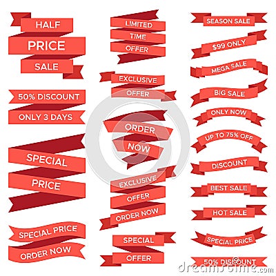 Red sale ribbons set isolated on white background. Curved paper, fabric tapes with text for discount Vector Illustration