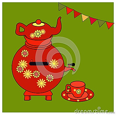 Red Samovar and Utensils for tea with yellow floral ornament. Red Teapot, cup and saucer. Educational cards or greeting cards. Vector Illustration