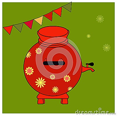 Red Samovar with yellow floral ornament. Educational cards or greeting cards. fair attributes Vector illustration Vector Illustration