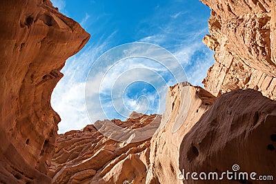 Red Sandstones with blue sky in the Red Canyon in Eilat Mountain Stock Photo