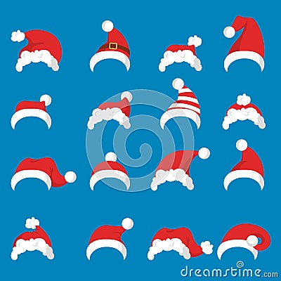 Red Santa Claus hat or cap set Vector Illustration