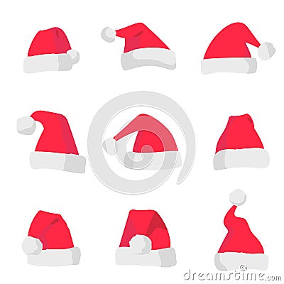 Red Santa Claus hats isolated on colorful background. Symbol of Christmas holiday. Vector santa hat set. Vector Illustration